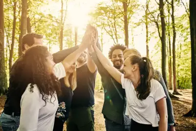 Team giving each other a high five in the forest